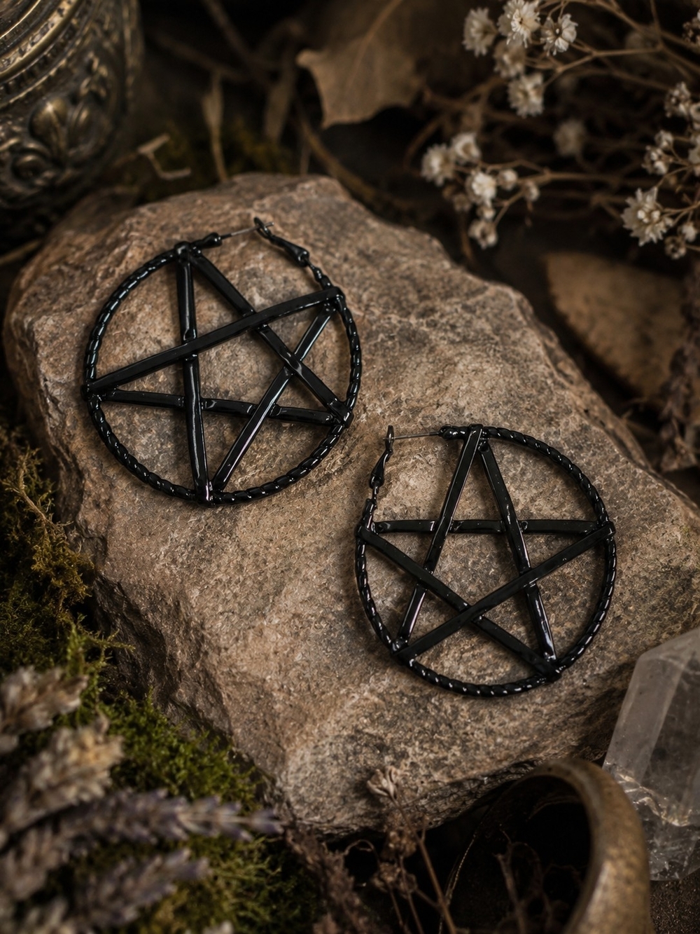 Black Pentagram Star Hoop Earrings Gothic Witchy Occult Jewelry